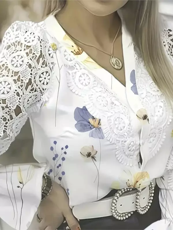 Blusa com estampa floral manga longa feminina, blusa com botões, camisa de renda branca, moda vintage, outono, 2022