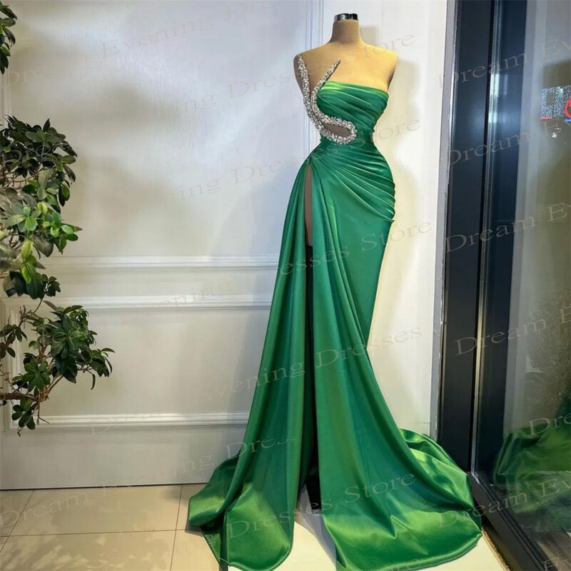 Luksusowa zielona syrenka seksowne suknie wieczorowe bez rękawów bez ramiączek boczne wysokie rozcięcie plisowane suknie na bal maturalny formalna impreza Vestido De Fiesta