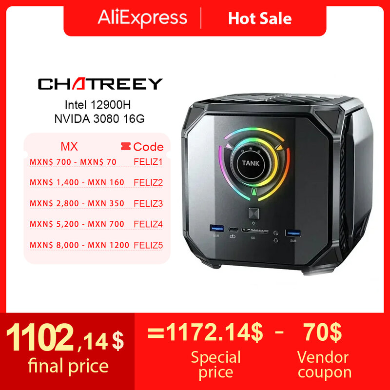 Chatreey 탱크 미니 PC 인텔 코어 i9 12900H i7 12700H, 엔비디아 3080 16G 게이밍 데스크탑 컴퓨터, PCIE 4.0 와이파이 6 BT5.0
