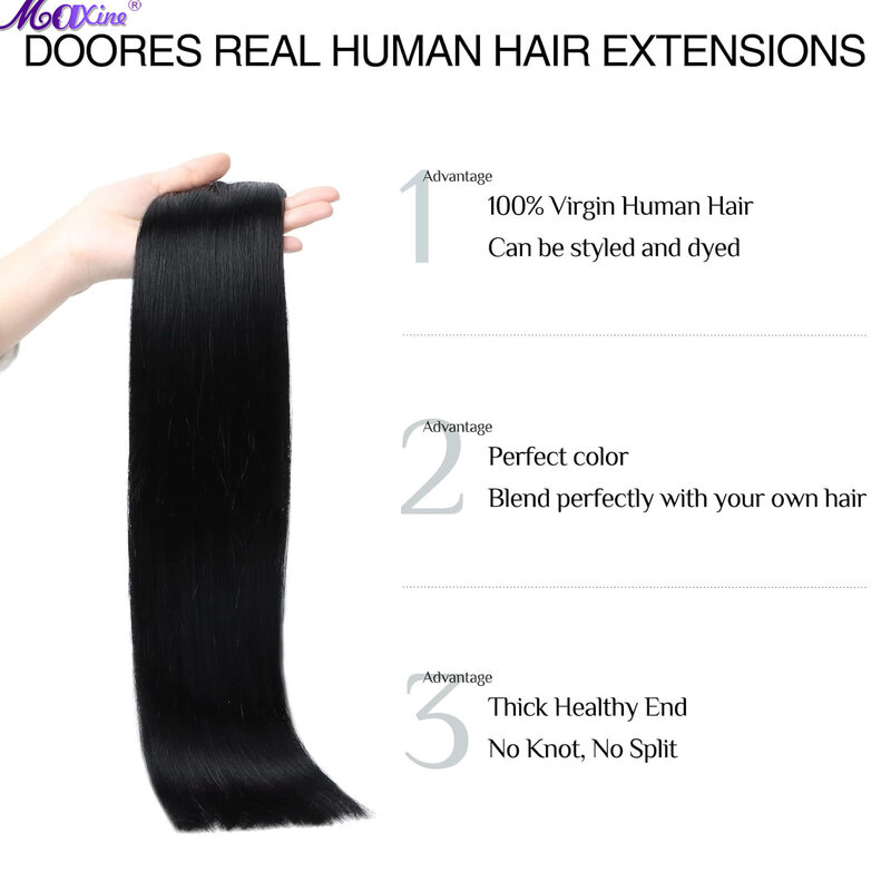 Extensiones de cabello humano Real, pelo liso sin costuras, color negro azabache