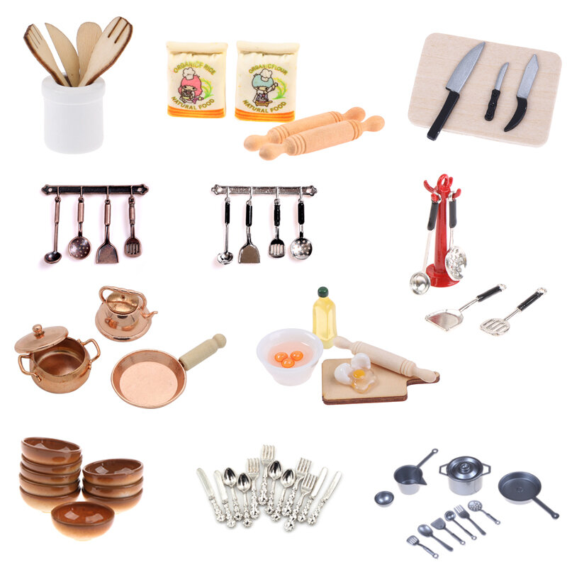 1:12 puppenhaus Miniaturen Zubehör Puppe Haus Mini Küche AccessoriesWooden Messer Und Gabel Metall Schneebesen Jar Set