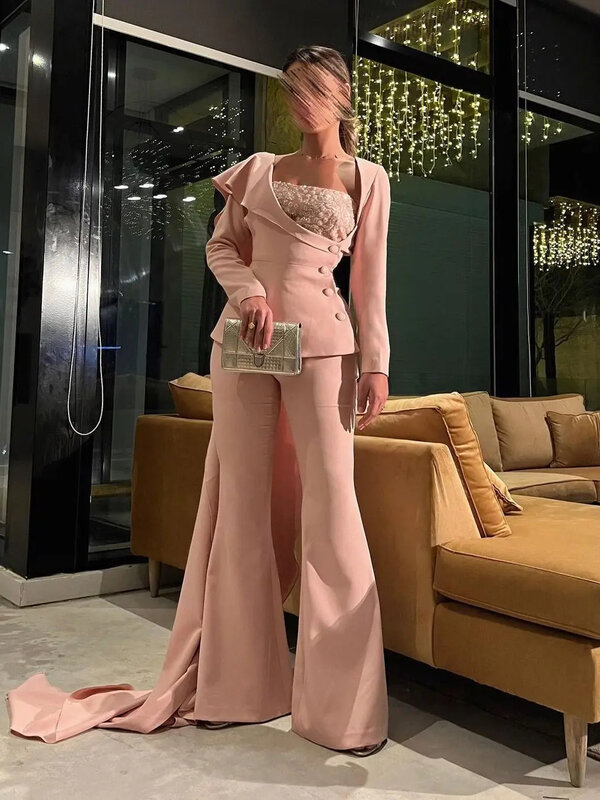 Arábia Saudita Pantsuit baile vestidos, cetim botões, mangas compridas, personalizável, elegante vestido de festa, 2024