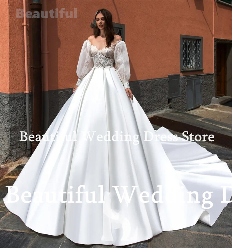 Charming New Wedding Dress For Women Puffy Long Sleeves Satin A-Line Princess Floor-Length Sexy Bridal Gown Wedding Party Dress