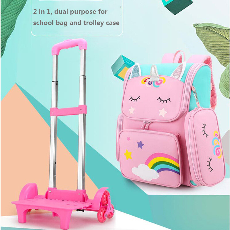 Mochila escolar con ruedas de unicornio de dibujos animados para niñas, adolescentes, niños, bolsa con ruedas, mochila para estudiantes
