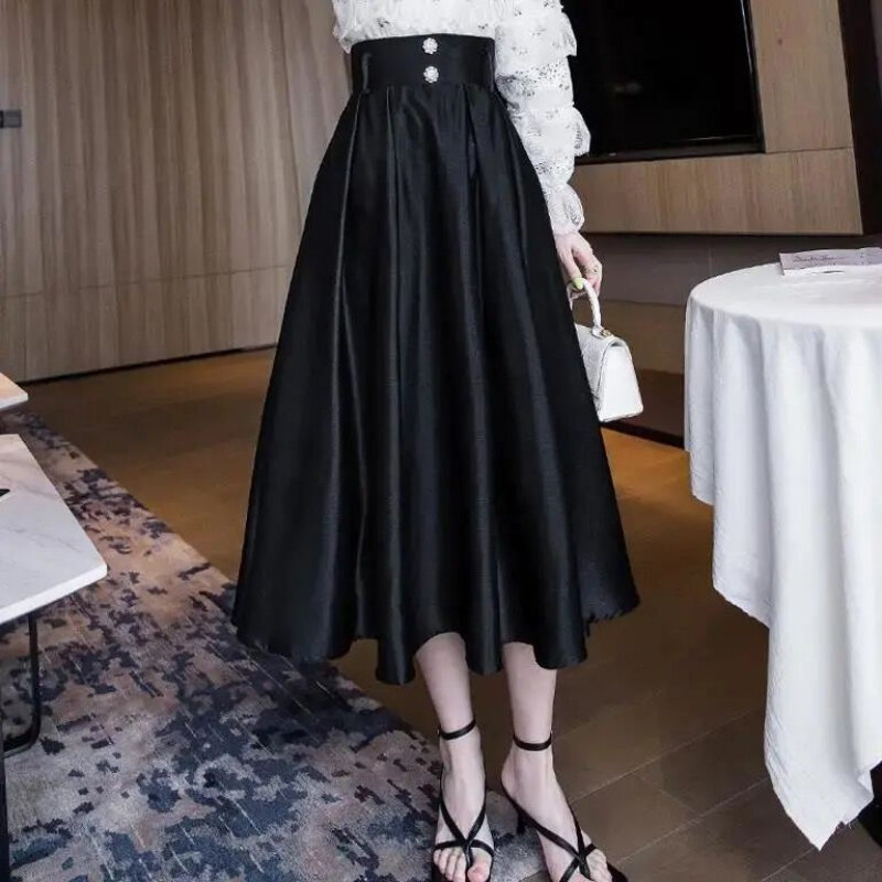 Moda donna elastico a vita alta gonne tinta unita femminile elegante Vintage Streetwear Harajuku All Match a-line gonna nera Q586