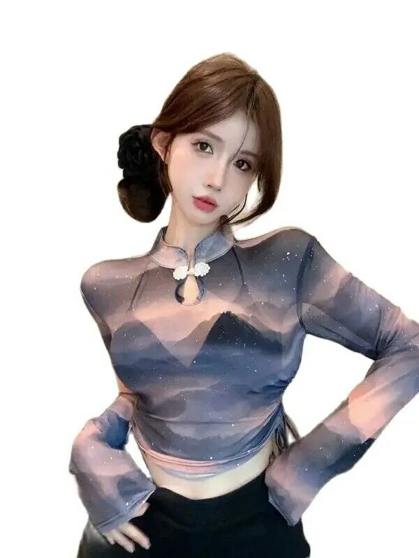 Korea Mesh Top Women Trend Fashion Graphic T Shirts Long Sleeve Turtleneck See Through Tshirts Gothic Clothes