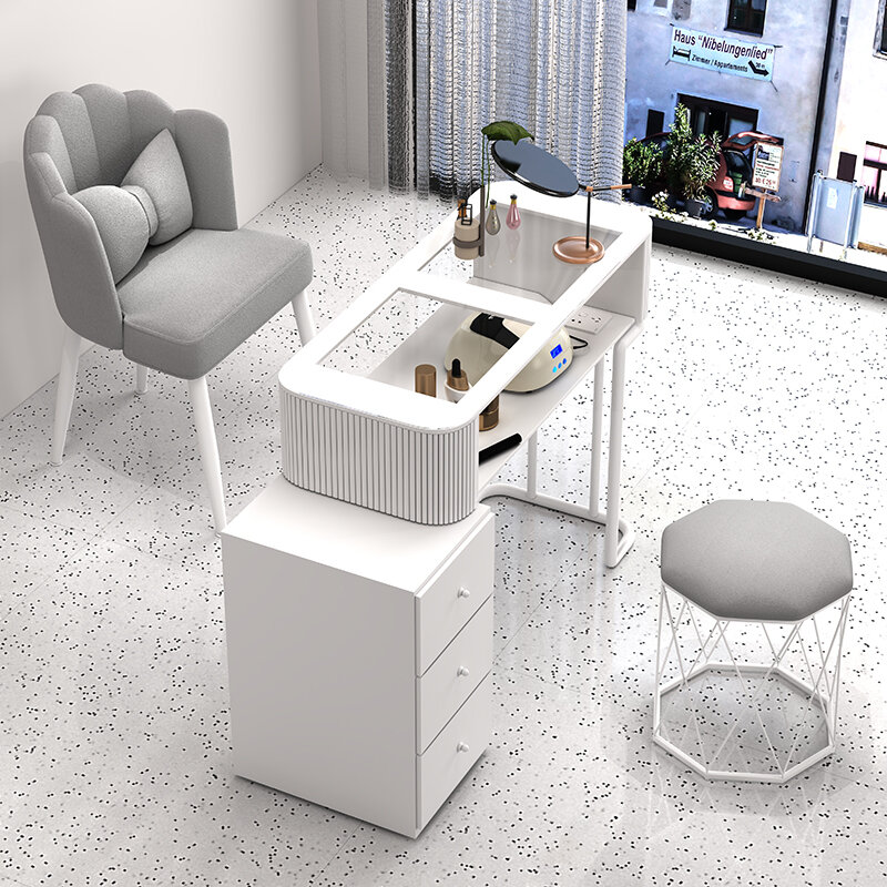 Organizador de diseño de escritorio de uñas Kawaii de cristal de cajón, mesa de uñas nórdica estética blanca, silla de arte, muebles de manicura Nagel Tafel