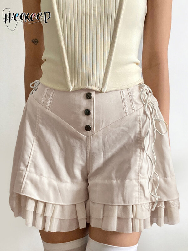 Weekeep-Shorts femininos Fairycore Y2K Ruffles, shorts com botões largos, bandagem lateral de cintura alta, calças curtas vintage, roupas casuais, fofas, anos 2000