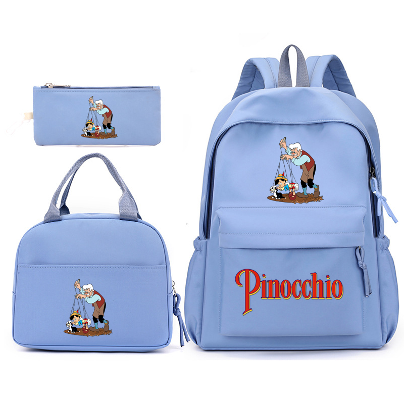 Disney-Mochila com lancheira para adolescentes, mochilas escolares, estudante, casual, confortável, conjuntos de viagem, pinóquio, conjunto 3pc