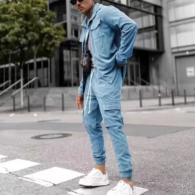Męska sztruksowa zestawy dwuczęściowe jednolity kolor, długi rękaw z wąskie płaszcze i spodniami do klapy moda Cargo Casual męskie garnitury Streetwear