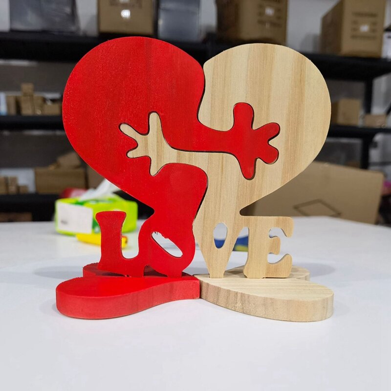 1 buah "cinta" blok Puzzle kayu, ornamen dekoratif patung ornamen kayu blok patung dekoratif