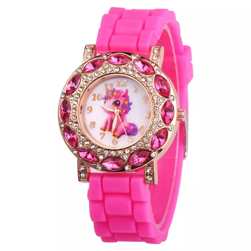 Reloj de pulsera con diseño de unicornio rosa para niños, cronógrafo de cuarzo con correa de cuero y dibujos animados, con diamantes, estilo Saat