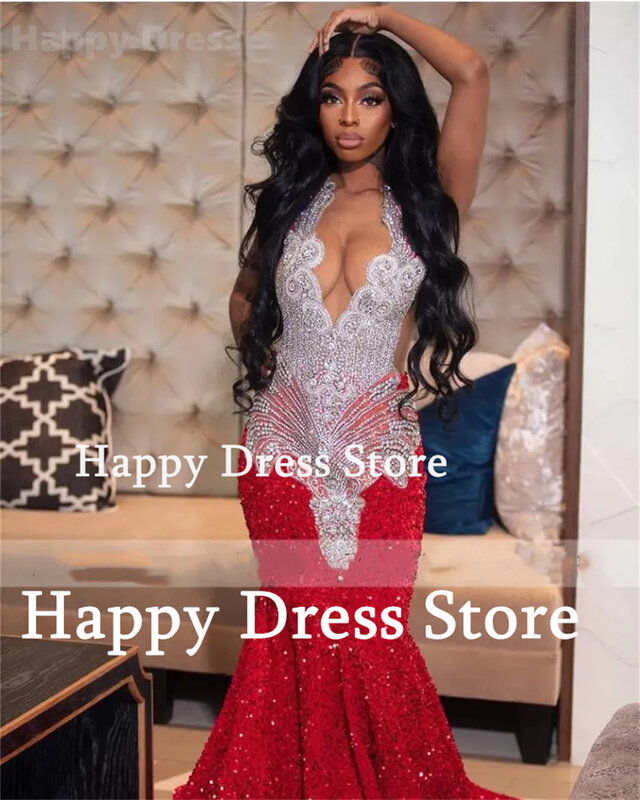 Szczęśliwa sukienka seksowna czerwona sukienka na bal z dekoltem w szpic bez rękawów z koralikami wieczorowa sukienka z cekinami syrenka 2024 sukienka koktajlowa