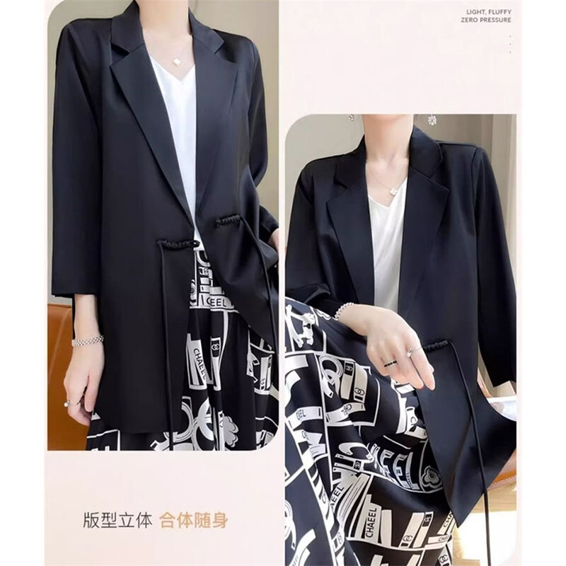 Jaqueta feminina estilo chinês, blazer, comprimento médio, manga 3/4, final alta, superfície cetim, casaco feminino, primavera, outono