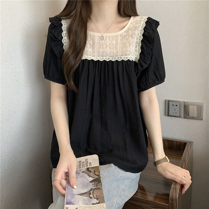 Sweet Square Collar Lace Folds Puff Sleeve Ruffles T-Shirts Female Clothing 2024 Summer New Loose Sweet Tops Casual Tee Shirt