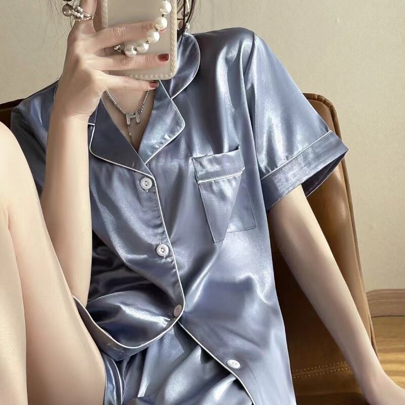 Conjunto de pijama manga curta feminino, roupa caseira simples, shorts casuais, verão