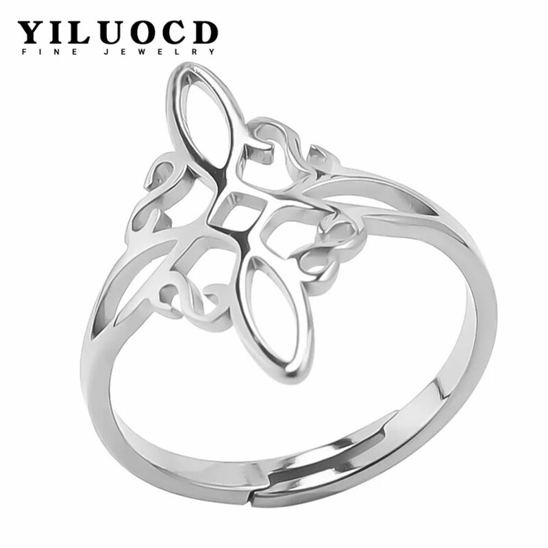 YILUOCD Witchcraft Stainless Steel Open Ring Supernatural Witch Knot Rings For Women Wiccan Cross Protection Amulet Jewelry
