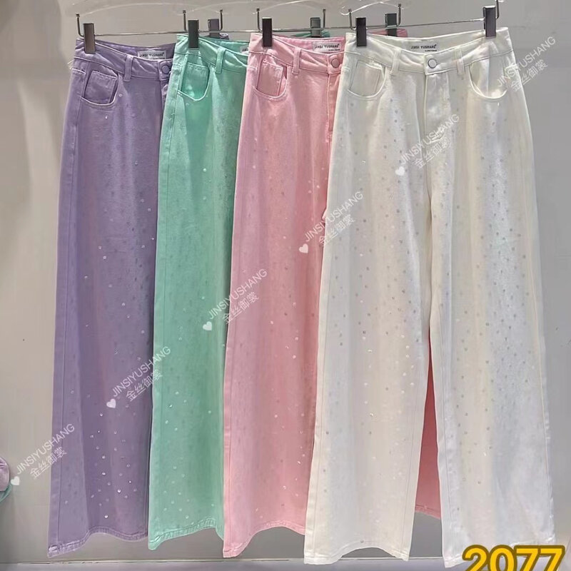Celana jins lurus berpayet pinggang tinggi warna permen celana panjang terompet kaki lebar longgar merah muda gaya baru musim semi 2024