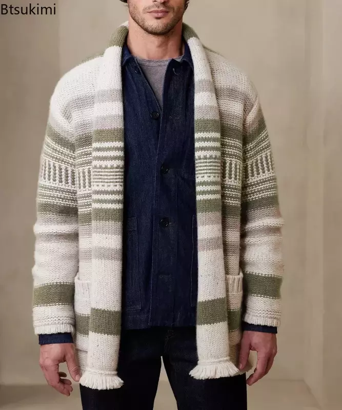 Jesienno-zimowa męska ciepła rozpinany sweter kurtka frędzle z dzianiny sweter płaszcze męskie klapy casualowe w stylu Streetwear swetry w paski