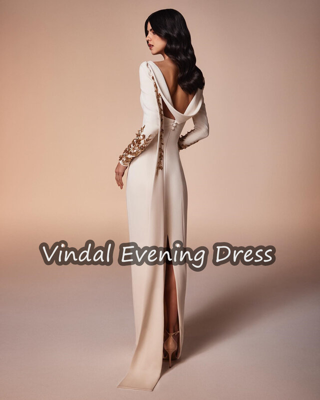 Vestido de noite feminino com decote quadrado Vindal, até o chão, sereia, crepe elegante, sutiã embutido, mangas compridas da Arábia Saudita, 2024