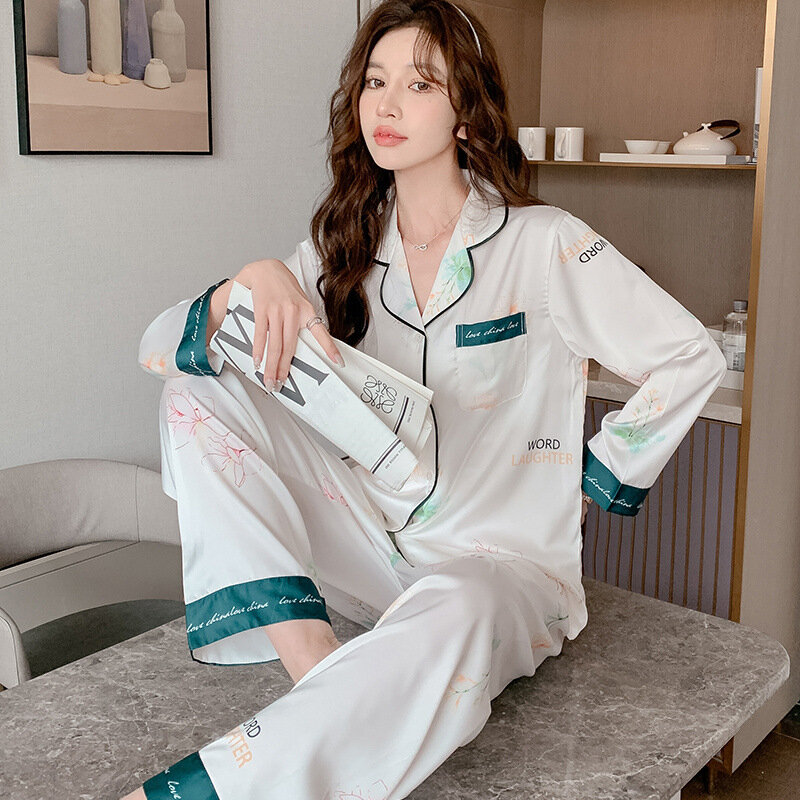 Pijama Jacquard de seda de gelo feminino, roupas domésticas de manga comprida, terno fino, primavera e verão, novo, M-2XL, 2022