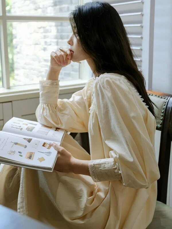 Piyama peri renda longgar Perancis untuk wanita, pakaian tidur putri rumah Vintage manis musim semi musim gugur untuk wanita
