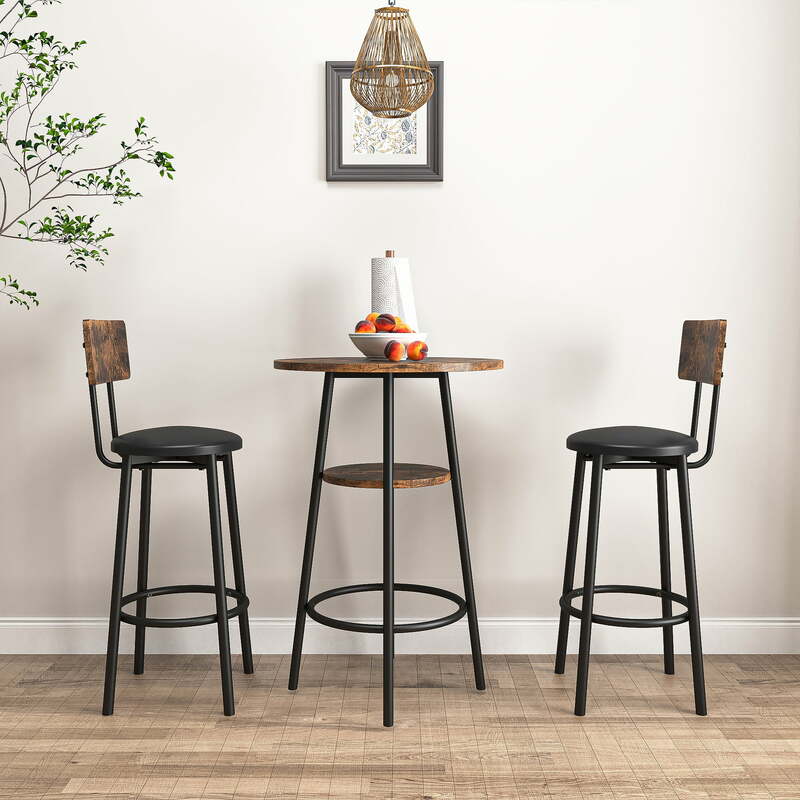 3-Piece Dining Round Table and Chairs Set, Industrial Bar Table Set Kitchen Table and 2 Stools on Breakfast Nook, Rustic Brown