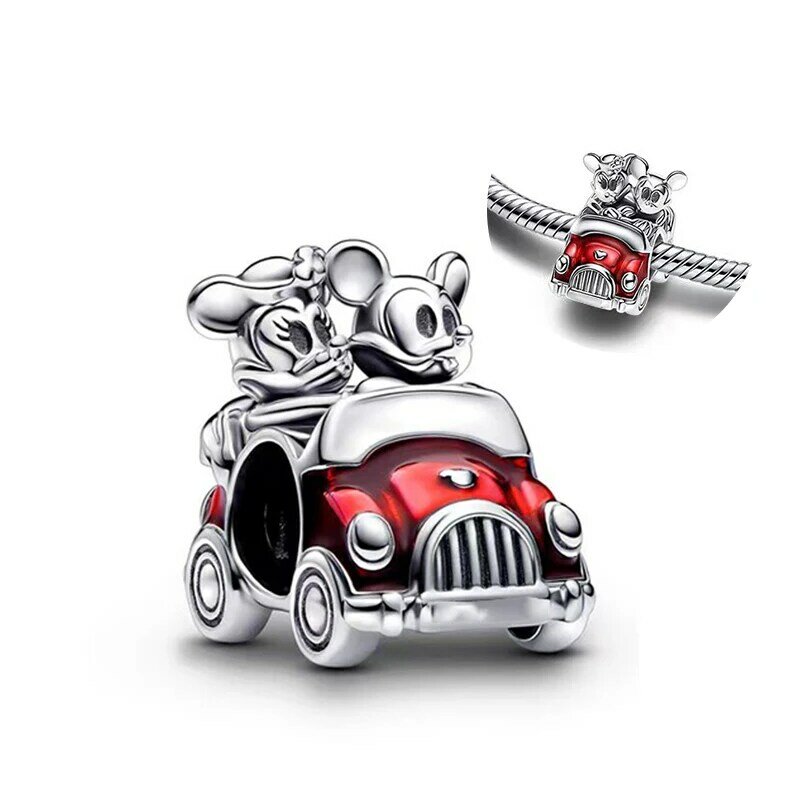 Disney-Mickey e Minnie e carros clássicos encantos para mulheres, 925 prata esterlina, miçangas, se Fits pulseira Pandora original, jóias DIY