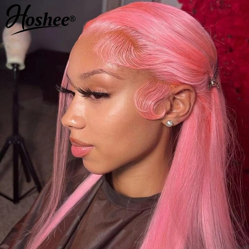 Peruca de cabelo humano reta cor rosa para mulheres, renda frontal transparente, pré-arrancada, brasileira, 13x4 HD