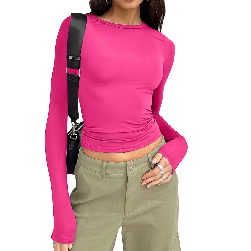 여성용 긴팔 티셔츠, 단색 슬림핏 캐주얼 셔츠, 여성 풀오버, 베이직 티, Y2k 의류, 스트리트웨어 크롭탑, 용수철 가을