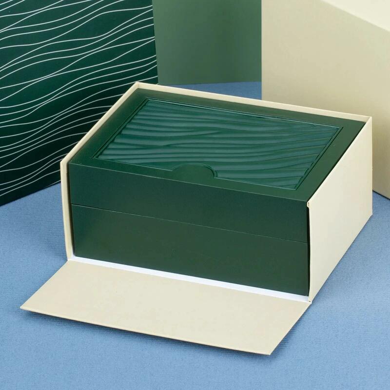 Caixa de relógio verde com papéis cartões e sacos, réplica Rolexable One-to-One, qualidade super