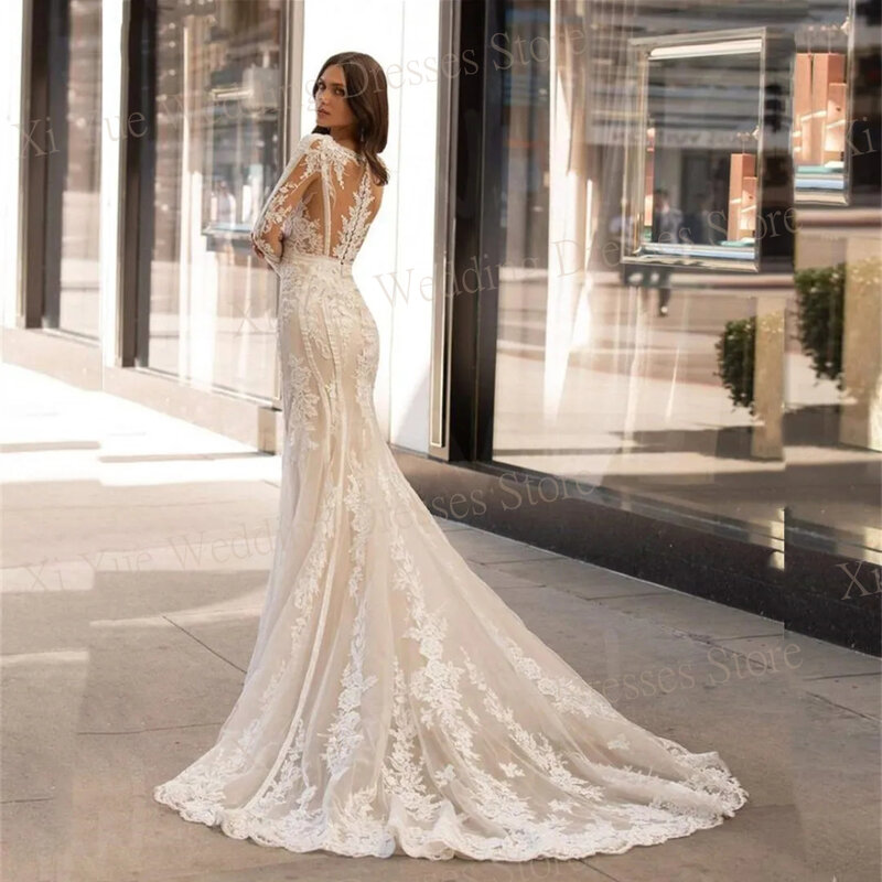 Luxury Exquisite Mermaid Wedding Dresses Deep V-Neck Backless Illusion Bride Gowns Court Train Long Sleeve Appliques Lace 2024