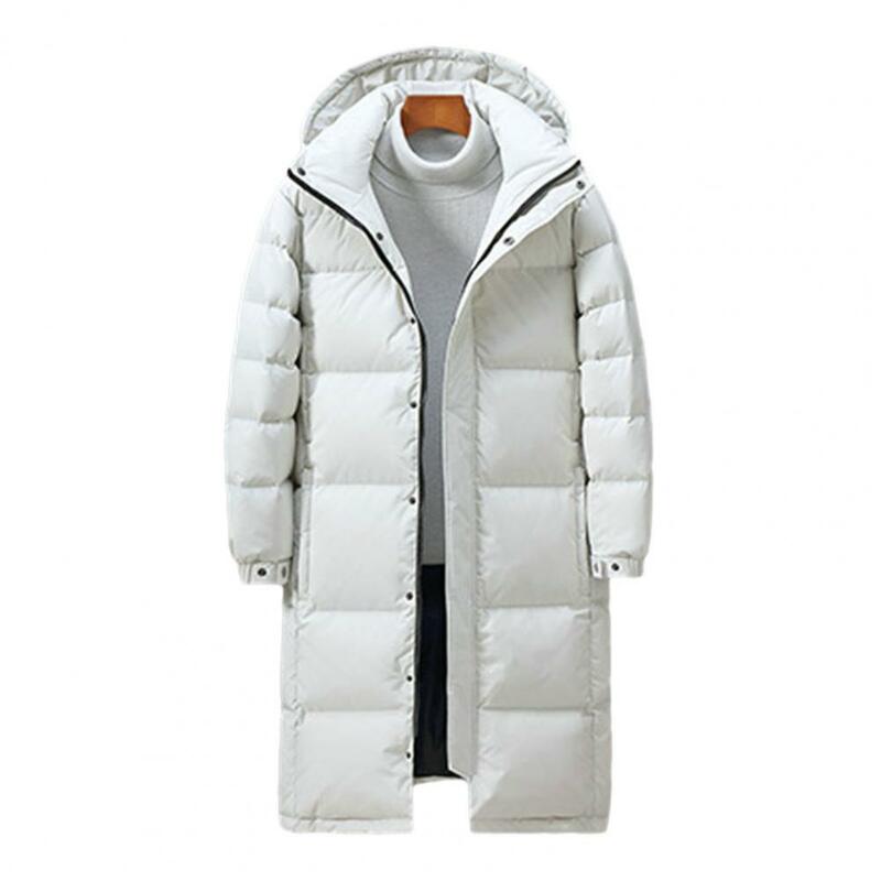 Casaco monocromático com capuz para baixo com gola de suporte, comprimento médio Parkas com bolsos, casaco de algodão com proteção para o pescoço, casaco de inverno para casal