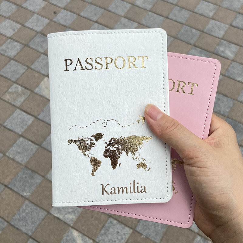 パーソナライズされたPUレザーパスポートカバー,旅行用,財布,名前