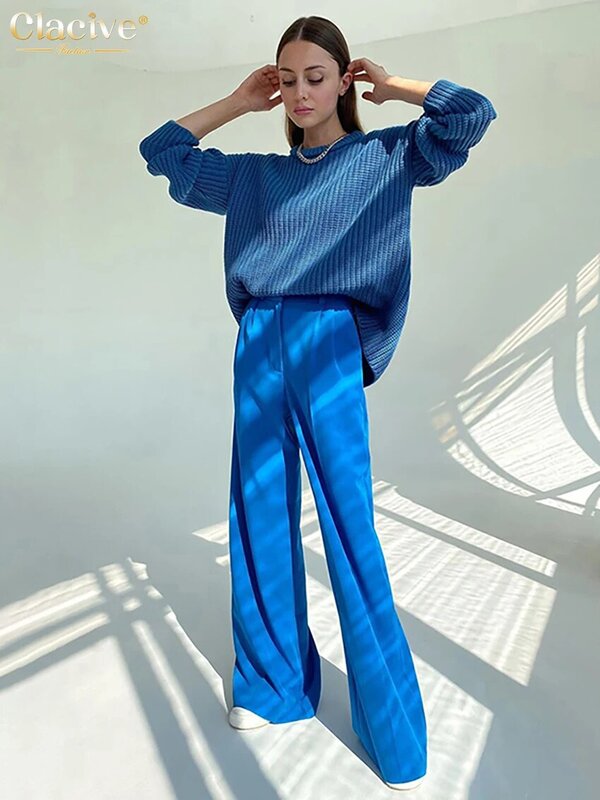 ClacMarkets-Pantalon de bureau bleu pour femme, pantalon large taille haute, pleine longueur, mode pour femme, fjCasual, 2021