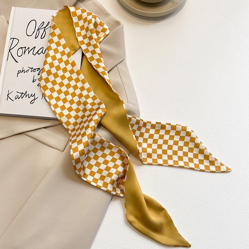 Lenço de seda branco amarelo feminino, fita estreita, gravata de cabelo feminina, decoração de bolsa, lenço longo de alta qualidade, primavera e verão