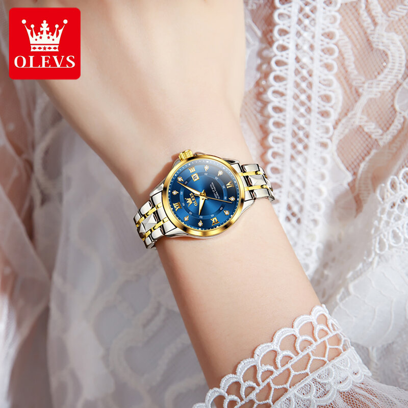 Olevs-女性用ステンレススチール防水クォーツ時計、発光カレンダー、高級腕時計、トップブランド、ファッション