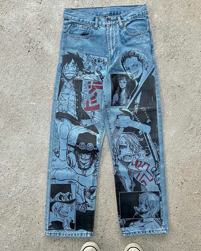 Harajuku Anime z grafiką dżinsy z szeroką nogawką jeansy Y2K dla mężczyzn w nowe japońskie stylu jeansy z wysokim stanem szerokie spodnie do spodni