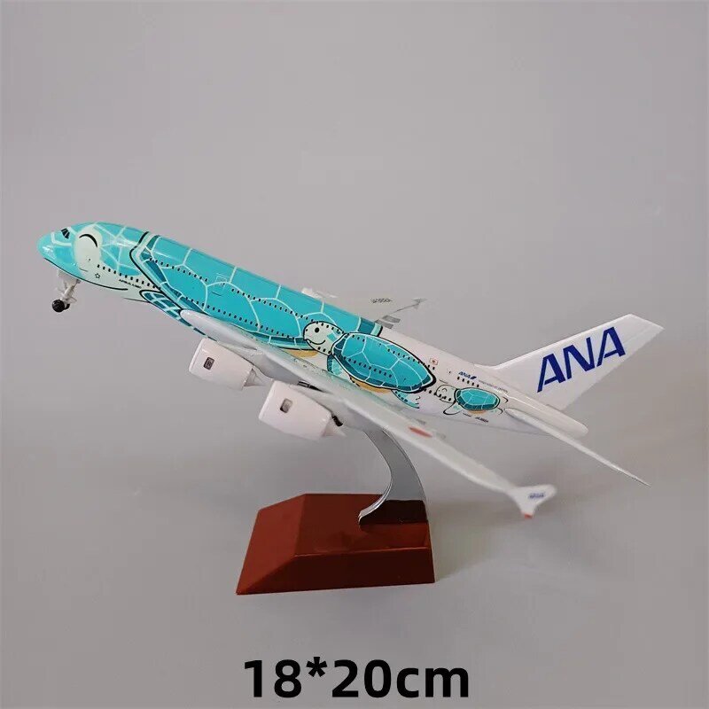 Avión de aleación de Metal, modelo de avión japonés ANA Airbus A380, tortuga marina de dibujos animados, color verde, naranja y azul, 16cm/20cm
