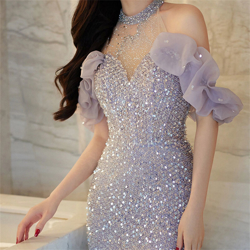 High-End Neck Evening Dress New Entry Luxury Niche Banquet Elegant Usually Wearing Sequin Fishtail Dress Princess Sleeve Women's