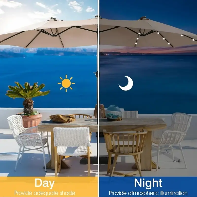 Large Patio Umbrella with Solar Lights, Rectangular Outdoor Umbrella with Base Included, Umbrella Double-sided Heavy Duty Beige