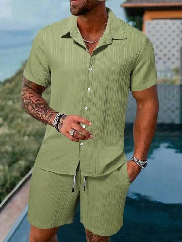 Conjunto de camisa e shorts de manga curta com ajuste solto masculino, cor pura, casual e moda praia, verão, 2024