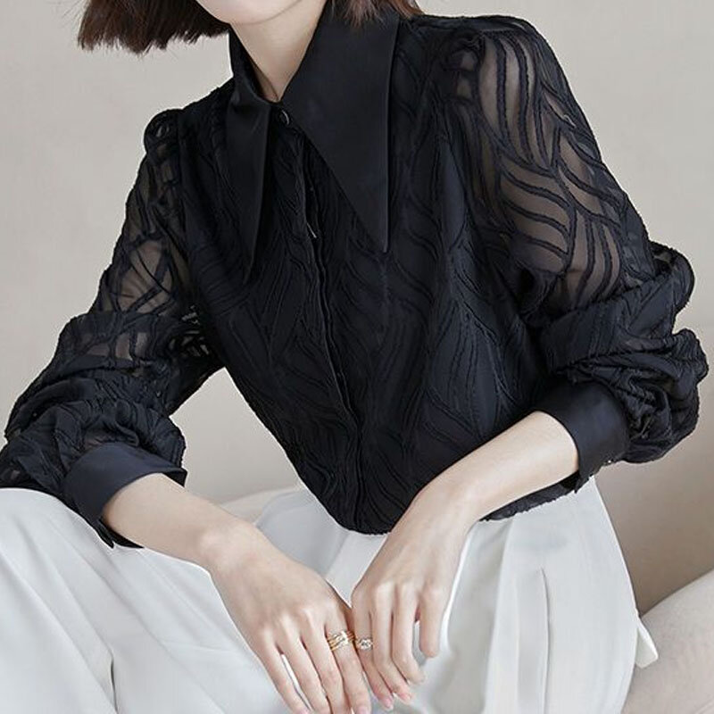 Wanita Kantor Elegan Warna Solid Kaus Leher Polo Mode Musim Gugur Antik Komuter Lengan Panjang Mesh Chic Blus Pakaian Wanita