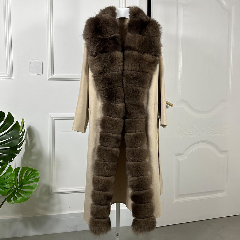 Abrigo de lana de Cachemira para mujer, abrigo cálido de piel de zorro con cuello de piel de zorro, chaqueta de invierno de piel Natural, superventas