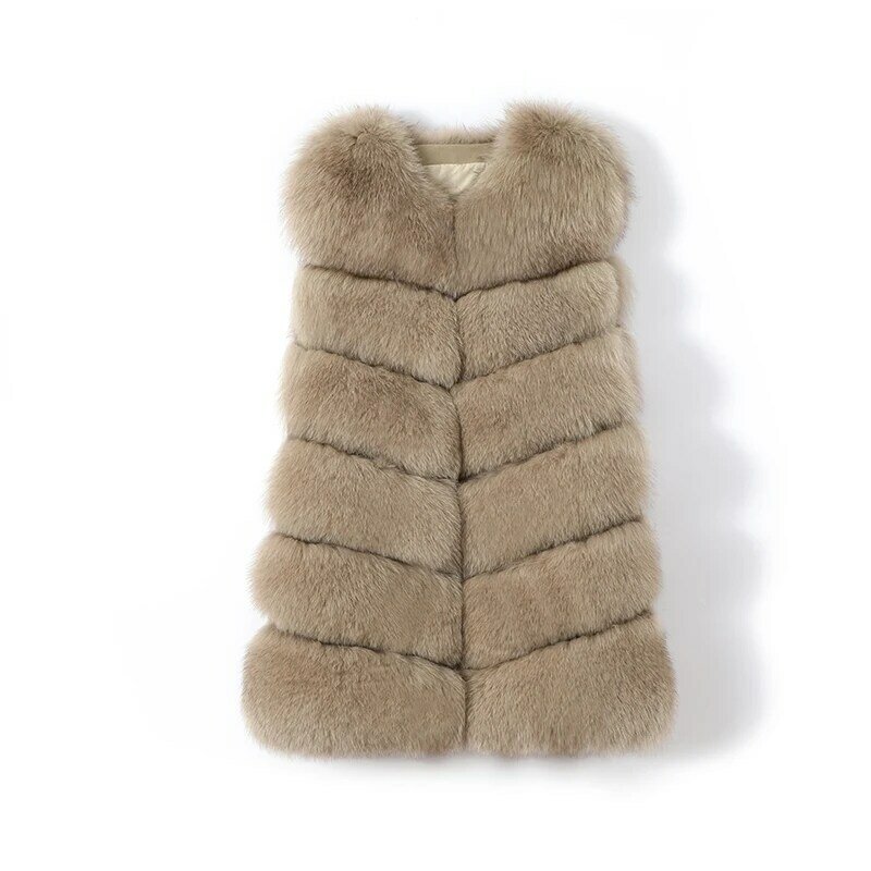 Natural Real Fox Fur Medium Length Overcoat Women's Warm Winter Jacket Vest Luxury Furry Autumn Big Size Solid Color CoatXS-10XL