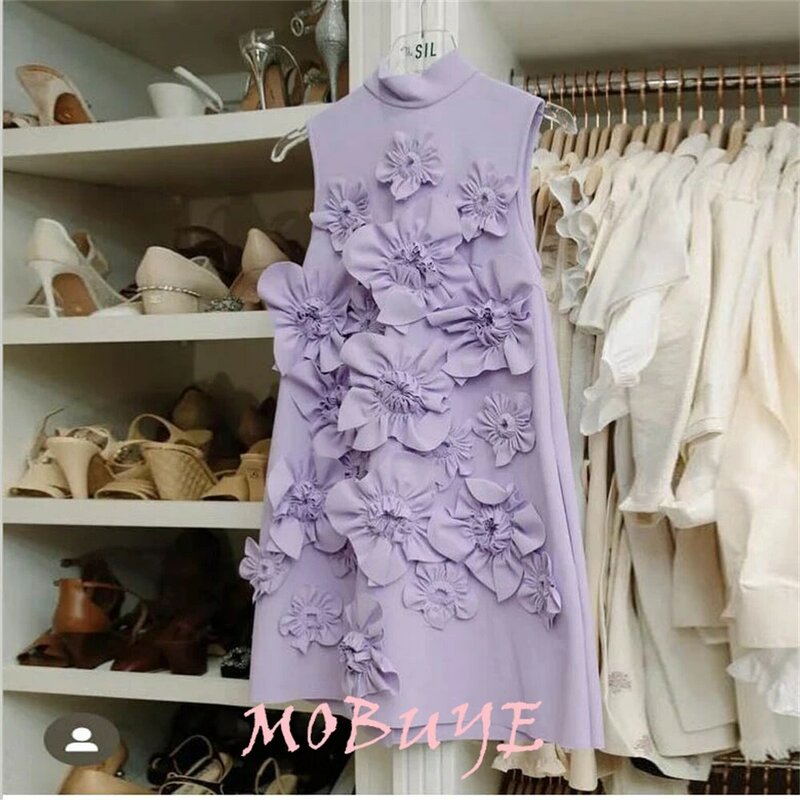 MOBUYE 2024 Popular O Neckline  Prom Dress Min-Length With Flowers Short Sleeves Evening Fashion Elegant Party Dress For Women