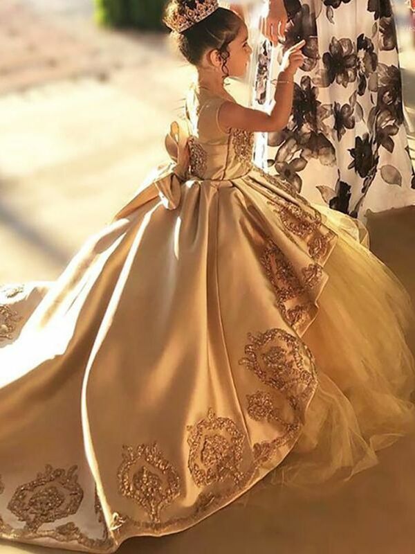High Quality First Communion Dresses Kids Evening Ball Gown Gold Applique Bow Girls Pageant Dress Satin Tulle Flower Girl Dress