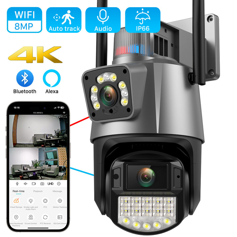 듀얼 렌즈 듀얼 스크린 PTZ 카메라 Ai 자동 추적 CCTV 감시 비디오 카메라 ICSEE, 8MP 4K 와이파이 IP 카메라, 야외 4 배 줌