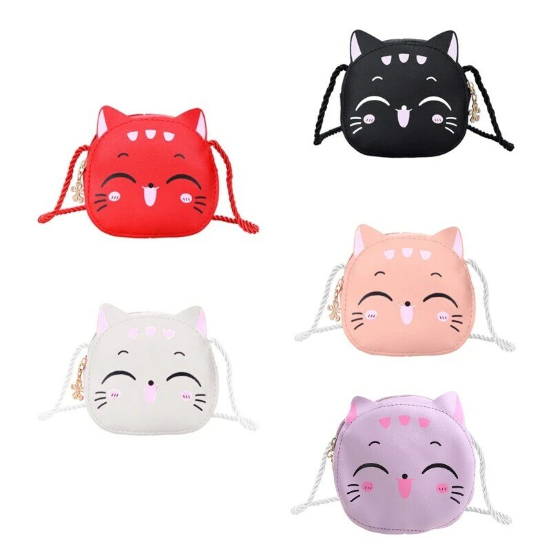 Kids Girl Cartoon for Cat Shoulder Crossbody Bag PU Leather Satchel Small Tote Coin Purse E74B