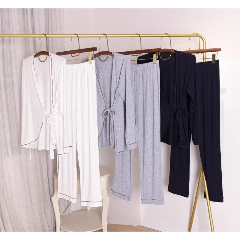 LA Smooth Silk Long Sleeve Pants Pajama Lace up Women's Home Fur Set